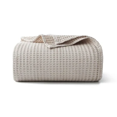 66"x90" Khaki Twin 100% Cotton Waffle Blanket 380 GSM Lightweight Throw - Image 1 of 4