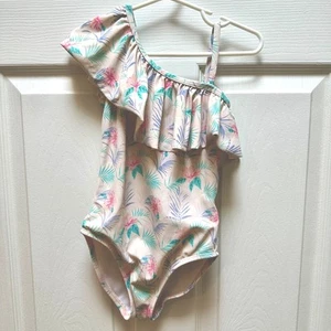 Janie And Jack Girl Pink Tropical Floral Swimsuit 4 Summer Swimwear Off Shoulder - Picture 1 of 4