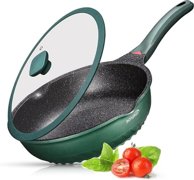28cm Green Deep Non Stick Frying Pan with Lid  3in1 Skillet Sauté Pan & Mini Wok - Image 1 of 4