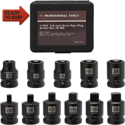 11PCS 3/8" Drive SAE Pipe Plug Socket Set, Tapered Male Square Drive, Chamfered - Image 1 of 4
