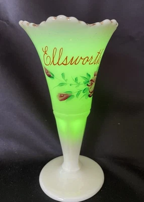 Antique Souvenir Ellsworth, Kansas, Uranium Custard Glass Trumpet Vase - Image 1 of 4