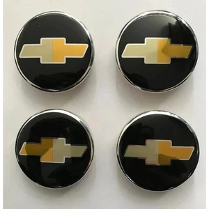 4X 63MM CHEVY BLACK GOLD LOGO WHEEL CENTER CAPS Aveo Camaro Cruze Impala Tahoe - Picture 1 of 3
