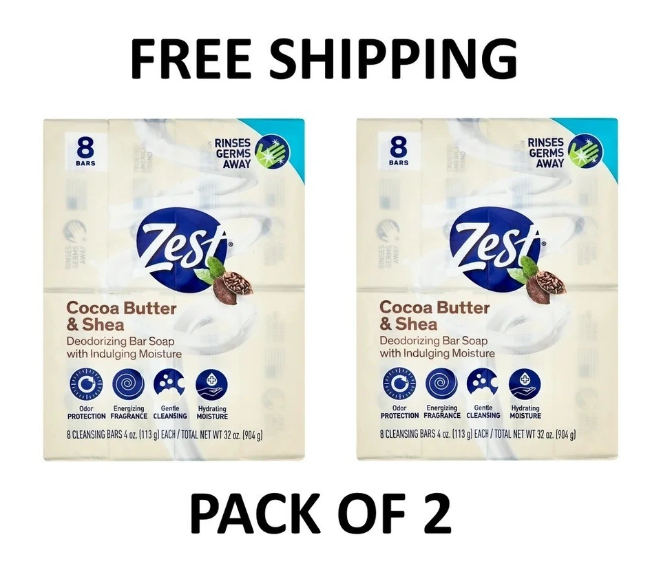 Zest Cocoa Butter & Shea Bar Soap, for All Skin Types, 4 oz, 8 Bars 2 Pack - Image 1 of 1