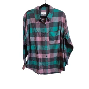 Ava & Viv Shirt Womens 2XL Green Pink Black Plaid Button Up Long Sleeve Flannel - Picture 1 of 13
