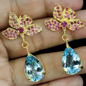 925 Sterling Silver Earrings Pear Sky Blue Topaz 15x10mm Ruby Gemstone Jewelry - Picture 1 of 13