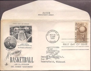 1189 Naismith-Basketball- Artcraft Ayerst FDC with back address- damaged letter - Picture 1 of 2