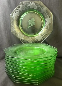 Depression geschliffenes Glas smaragdgrüner Teller Traubenblatt geätzt 8,1 Zoll Vintage - Bild 1 von 7