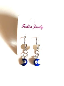 🌛🧿Cute Blue Enamel Evil Eye Moon Silver tone Earrings🧿🌜 - Picture 1 of 8