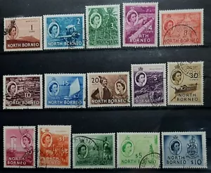 E NORTH BORNEO ( MALAYSIA ) 1954 FULL SET SG 372 - 386 USED - Picture 1 of 2
