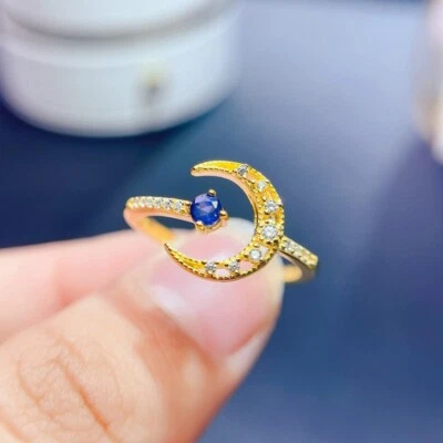 Natural Blue Sapphire Moon Star Engagement Ring 14K White Gold Plated 925 Silver - Image 1 of 4