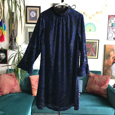 LONDON TIMES size 14W Navy Blue Burnout Floral Velvet Shift Dress NWT - Image 1 of 4