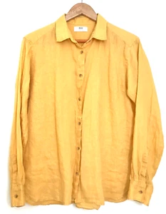 Uniglo Sz Large Bright Yellow/Gold 100% Linen Button Up Long Sleeve Tails Shirt - Picture 1 of 7