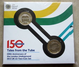 GREAT BRITAIN 2013 2 POUNDS 2pcs LONDON UNDERGROUND 150th ANNIV ROYAL MINT COVER - Picture 1 of 6