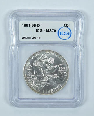1991-95-D World War II Commemorative Silver Dollar MS70 ICG - Image 1 of 4