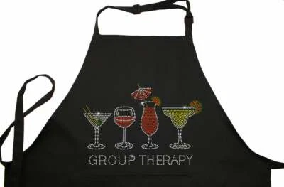 Rhinestone Embellished Black Apron with Group Therapy and Drink Glasses - Image 1 of 4