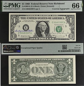 1969 $1 FRN - PMG 66EPQ - Dual Autographs Elston & Kennedy - Rare Collectors Gem - Picture 1 of 3
