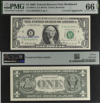 1969 $1 FRN - PMG 66EPQ - Dual Autographs Elston & Kennedy - Rare Collectors Gem - Image 1 of 3