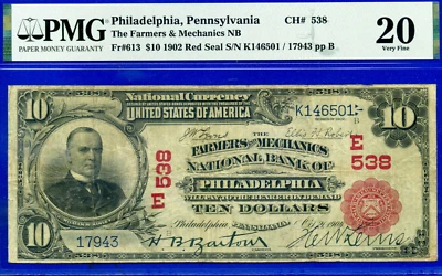 1902 $10 National Bank Philadelphia, Pennsylvania CH# 538 PMG 20 rare 11 known - Image 1 of 4