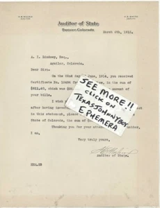 1915 Auditor H E Mulnix Diputado H E Smith Denver ESTADO DE COLORADO gobierno - Imagen 1 de 1