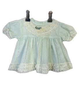 VTG Sears Infant Dress S Blue Swiss Dot Lace Puff Sleeve Perma-Prest - Picture 1 of 12