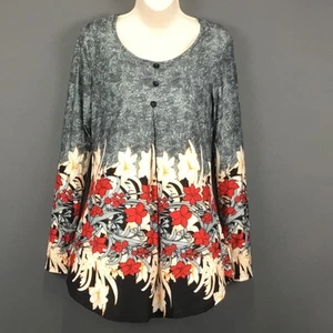 BaiShengGT Shirt Damen mittelgrau rot Blumen Langarm leichte Tunika Oberteil - Bild 1 von 12