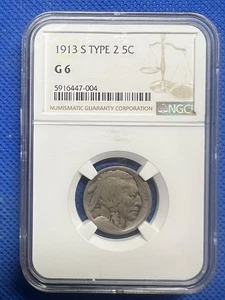 1913 S Buffalo Nickel Type 2 NGC G6 San Francisco Mint Key Variety Looks #H12 - Picture 1 of 5