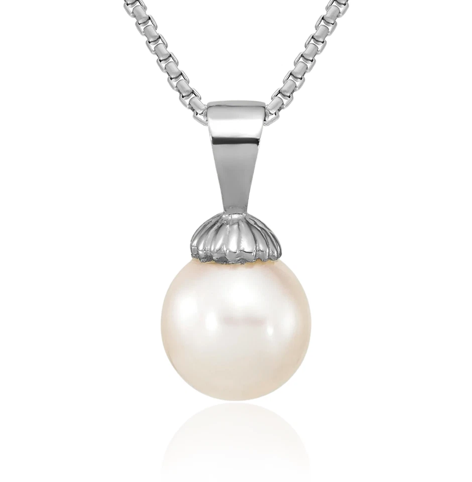 14K Solid White Gold 8mm Round Freshwater Cultured Pearl Necklace - Image 1 of 1