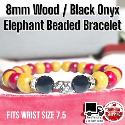 Pulsera muñeca con cuentas de 8 mm diseño elefante ónix madera rojo y beige tamaño 7,5 Foto 1 de 3