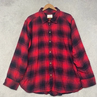 American Eagle Top Womens XL Boyfriend Fit Flannel Shirt Red Black Plaid Button - Image 1 of 4