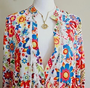 Gr. XL Flower Power Peace Love Hippie mehrfarbig Polyester Kleid Tunika mit B - Bild 1 von 23