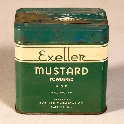Lata de mostaza Exeller vintage - 8 oz - verde/blanco - medicinal y culinaria - década de 1940 Foto 1 de 4
