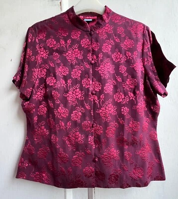 Blusa MONSOON 14 Rojo Oscuro Floral Oriental Mezcla Seda Kimono Manga Corta Foto 1 de 4