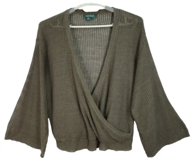 Suéter feminino RALPH LAUREN 100% linho manga 3/4 verde oliva tamanho G - Imagem 1 de 4