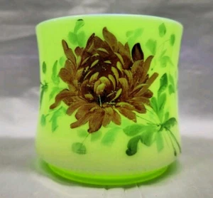 Uranium Custard Glass Vase with Hand Painted flowers  4x4 inches - Picture 1 of 18