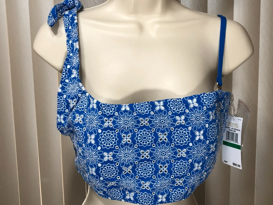 Michael Kors Women's Floral One Shoulder Bikini Top Sz L Large Blue Swimwear