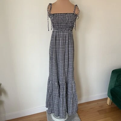 Blue Life Plaid Gingham Tiered Cotton Gauze Tie Strap Smocked Maxi Dress Sz XS/S - Изображение 1 из 4