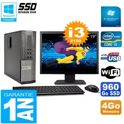 PC DELL 990 SFF Core I3-2120 RAM 4Go Disco 960Go SSD DVD Wifi W7 Pantalla 19" - Imagen 1 de 4