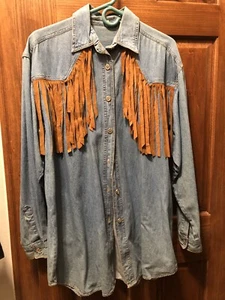 Vintage Women's Western Cowgirl Fringe Denim Shirt - Picture 1 of 7