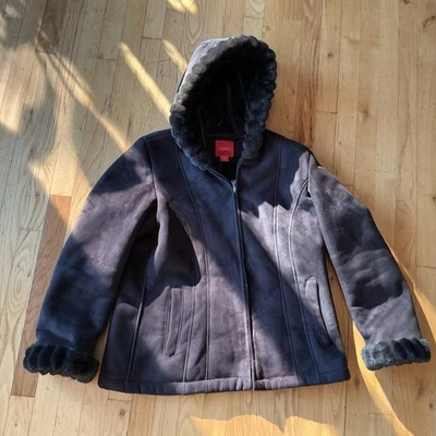 Vintage 90s Y2K Esprit Faux Suede Fur Coat Large Women Brown Hood - Image 1 of 4