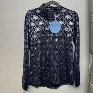 San Soleil Mock Sun Shirt Woman M Navy Gold Foil AOP Palm Trees Tennis Golf Nwt - Picture 1 of 3