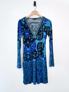 Hale Bob blau Barock Druck Langarm V-Ausschnitt 100 % Seide Jersey Kleid Größe Small - Bild 1 von 6