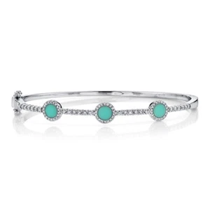 14K White Gold Turquoise Diamond Bangle Womens Size 17 CM Round Natural Bracelet - Picture 1 of 4