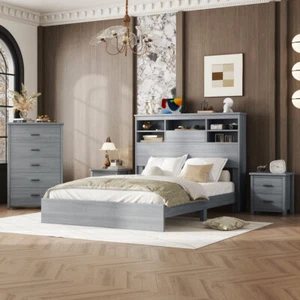 4-Pieces Bedroom Sets Queen Size Bed Frame with 2 Nightstands and 1 Dresser - Picture 1 of 33