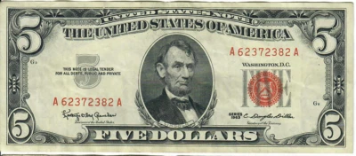 1963 5$ United States Note - Red Seal Right, KOG/CDD A62372382A - #13562 - Image 1 of 2