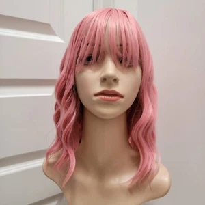 12" Wave Dusty Pink Cosplay Wig Bangs Women's Synthetic Hair Classic Cap Sz S/M - Picture 1 of 9
