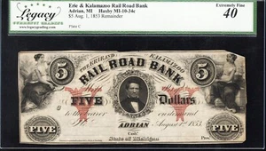 ⭐⭐ 1853 $5 ERIE & KALAMAZOO RAILROAD BANK ADRIAN, MI OBSOLETE LEGACY 40 03766 - Picture 1 of 2