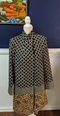 Chaqueta Abrigo Largo Dennis Basso Negra Estampado Animal Geométrico A Presión Talla 8 Mediana M Foto 1 de 4