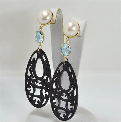 Pendientes De Oro Amarillo 18KT Con Perlas Blancas Y Topacio Azul OGHT 0428 - Imagen 1 de 3