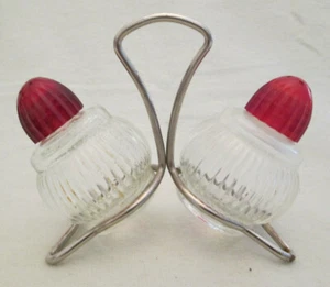 Vintage Deco Glass Salt and Pepper Shakers - with Holder & Plastic/Bakelite Tops - Picture 1 of 6