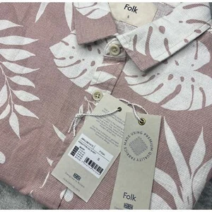Neu Folk Kingston Hemd Rosa Tropical Leaf Print Button Down Kurzarm Herren - Bild 1 von 7